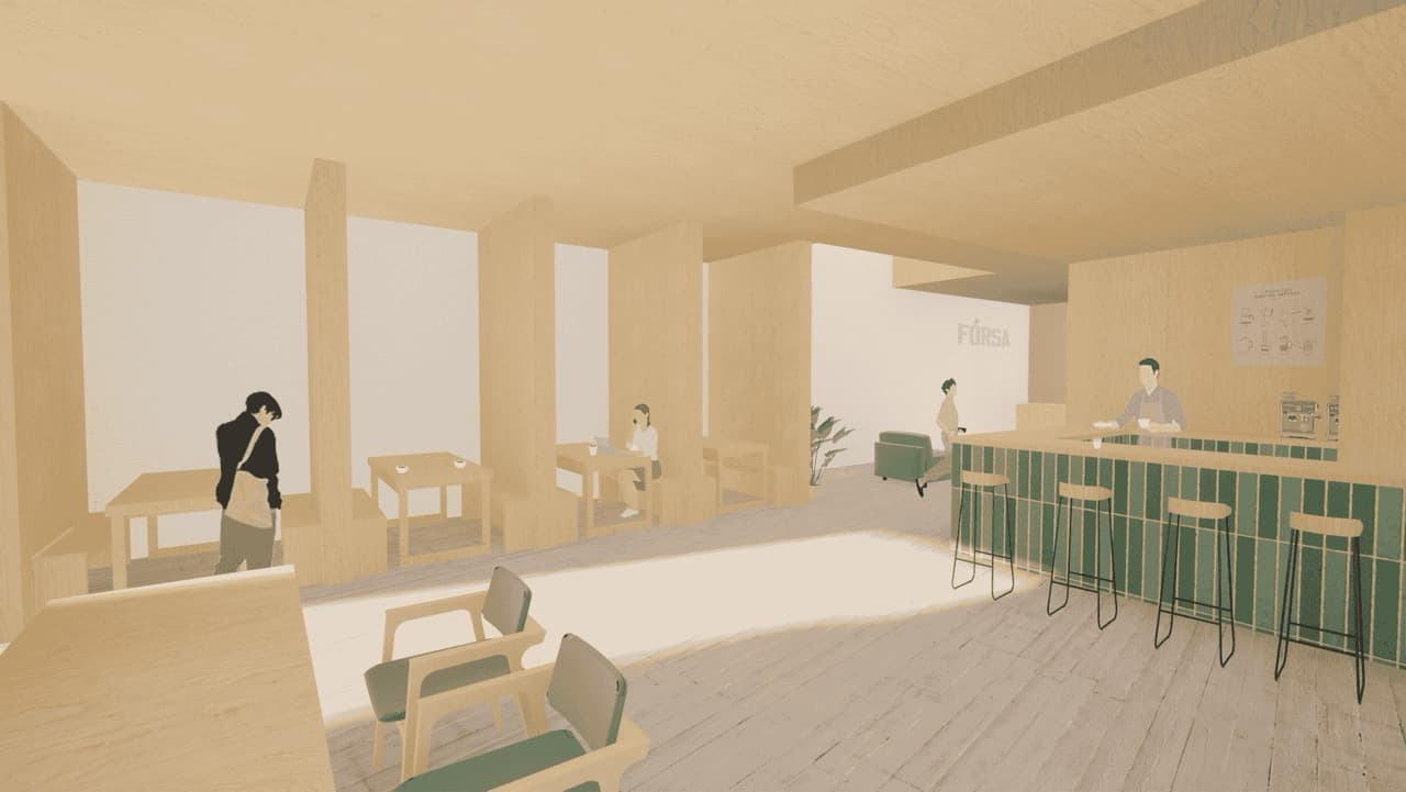 Image of the cafe incorporated into the public ground floor of the offices.