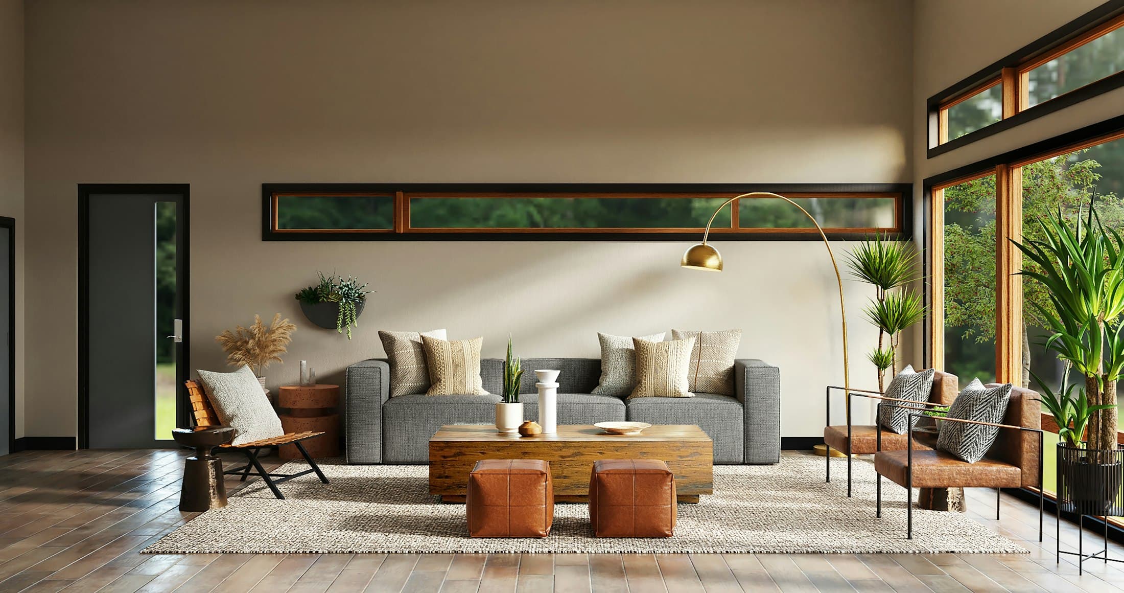 The main living room. A clerestory ribbon carries the eye along the roofline while the low sill frames the garden.